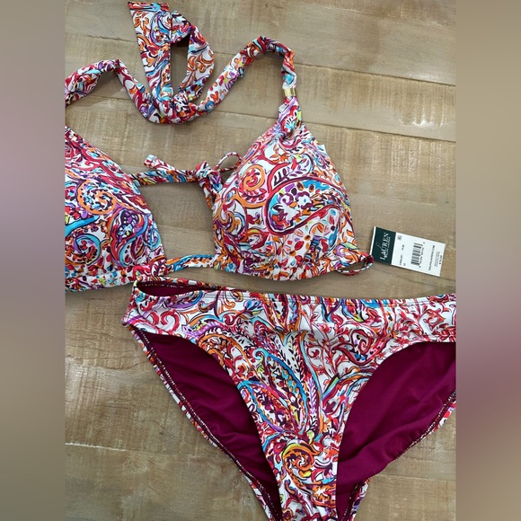 Lauren Ralph Lauren mystic paisley plum bikini nwt swim top and bottom - Picture 2 of 16